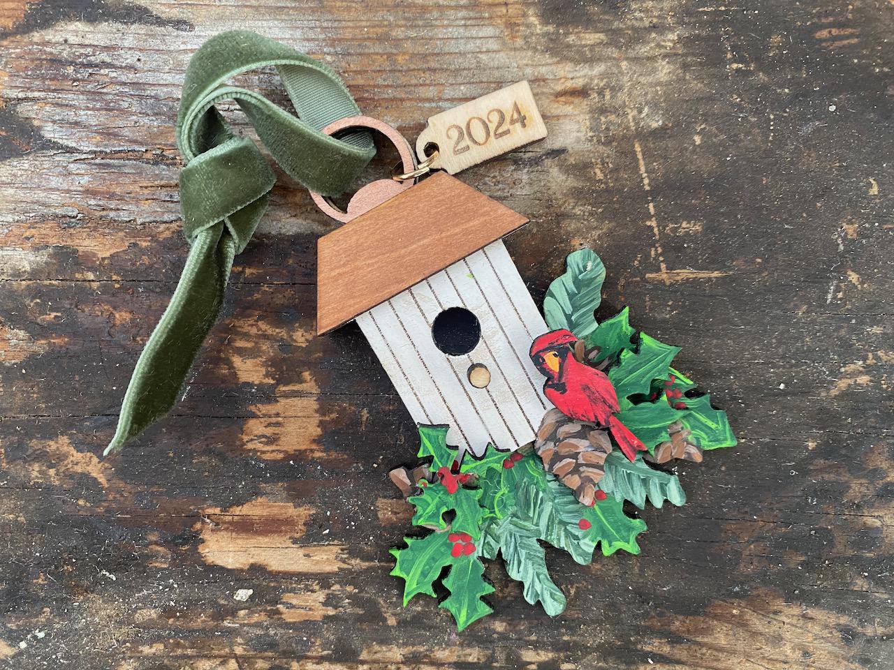 Birdhouse with Cardinal Hand Painted Wooden Christmas Ornament
