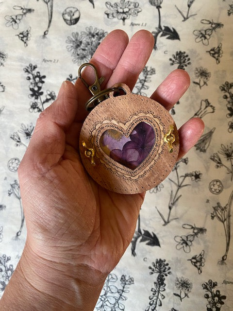 Victorian Doily Heart Pocket-size Flower Press Keychain in Mahogany with Oak Inlay.