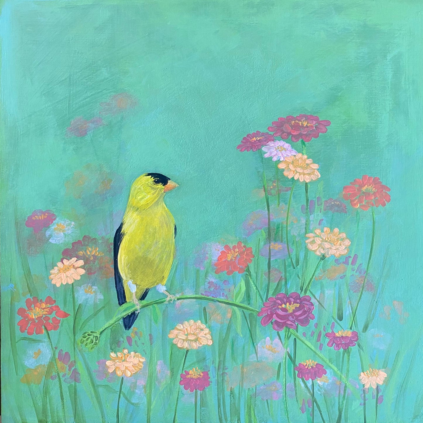 American Gold Finch Original Acrylic Painting on Wood Panel