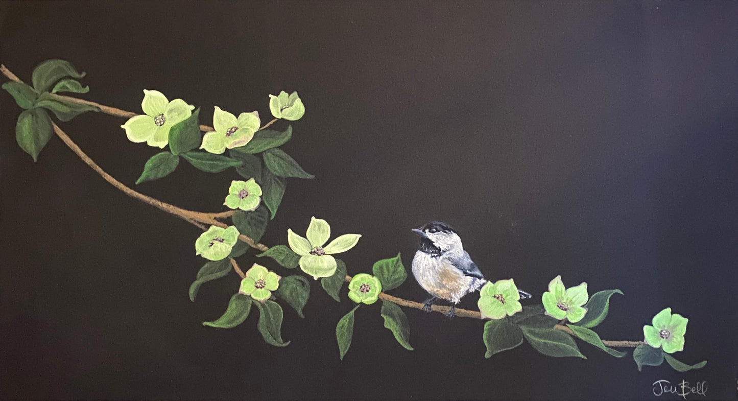 Chickadee Perched on Dogwood Tree Branch Original Gouache Painting, Framed