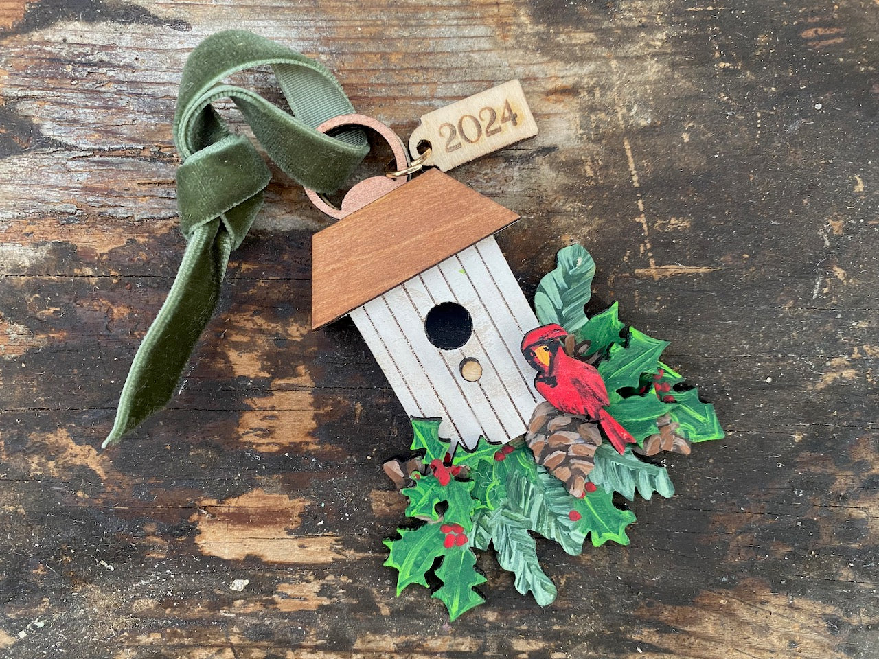 Birdhouse with Cardinal Hand Painted Wooden Christmas Ornament