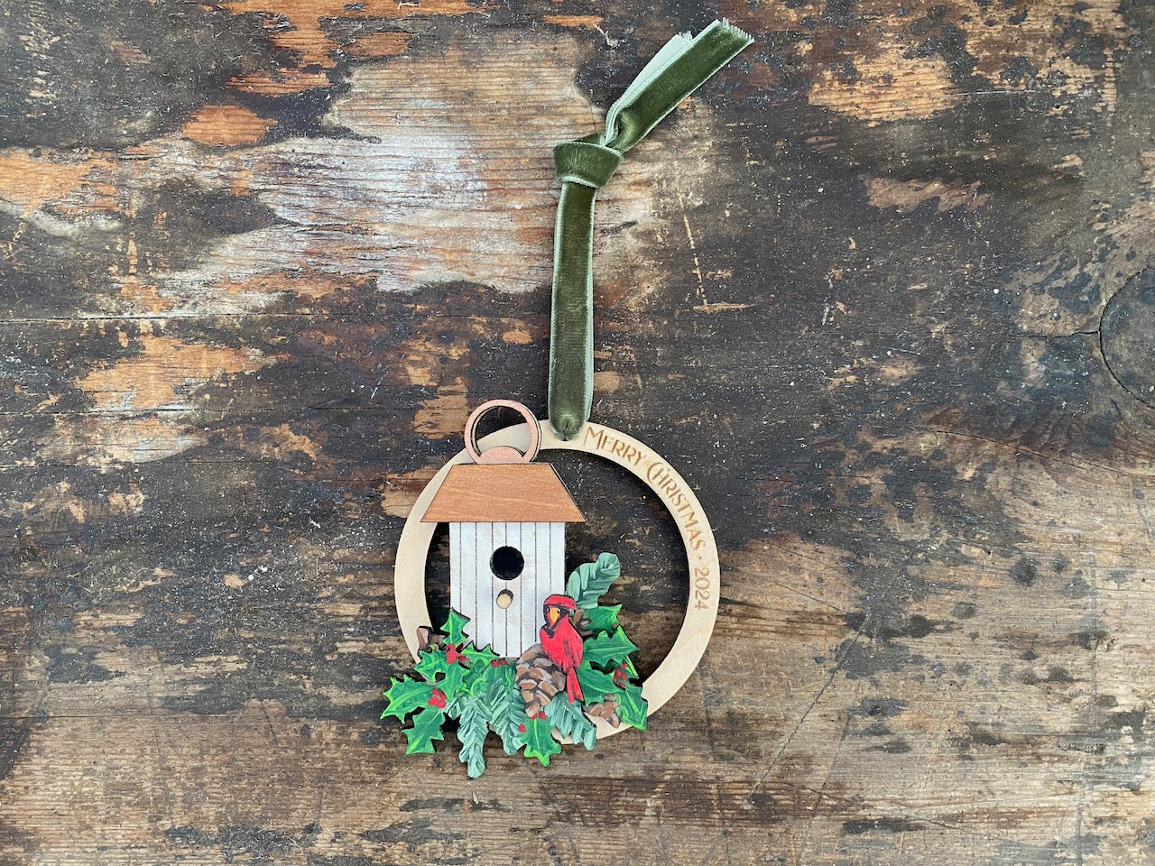 Birdhouse with Cardinal Hand Painted Wooden Christmas Ornament