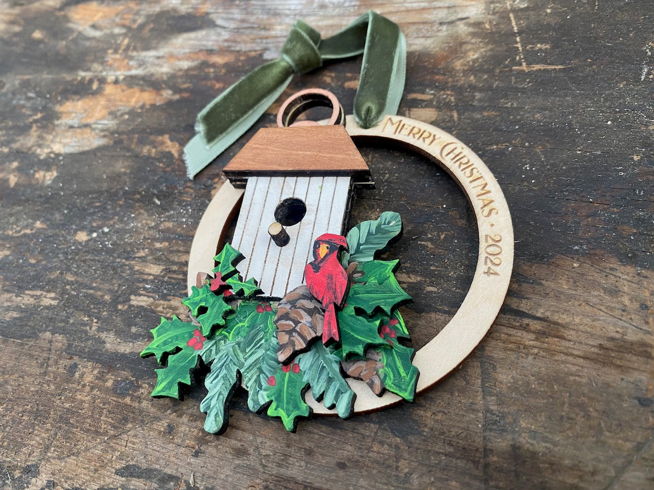 Birdhouse with Cardinal Hand Painted Wooden Christmas Ornament