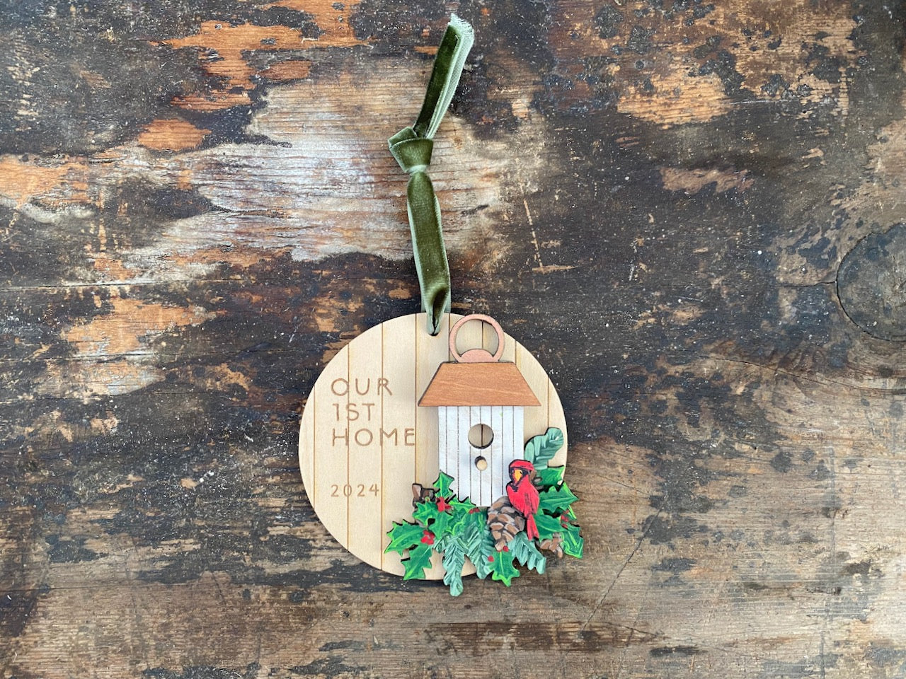 Birdhouse with Cardinal Hand Painted Wooden Christmas Ornament