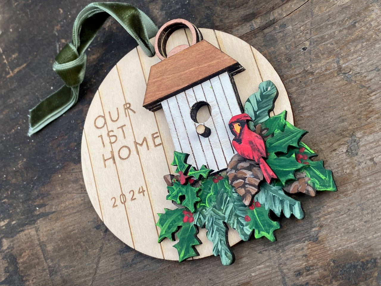 Birdhouse with Cardinal Hand Painted Wooden Christmas Ornament