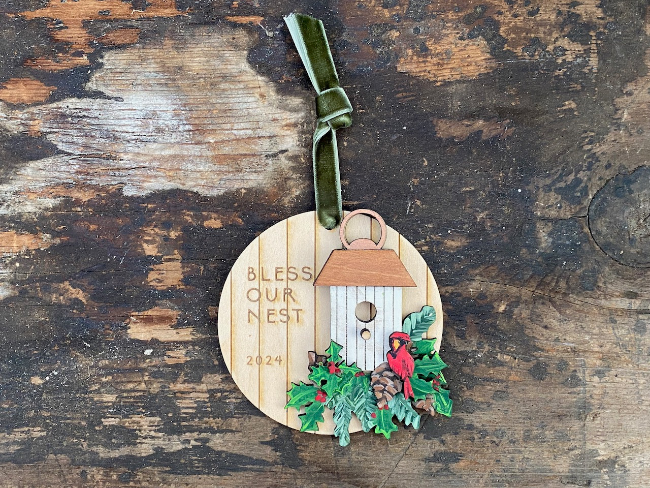 Birdhouse with Cardinal Hand Painted Wooden Christmas Ornament