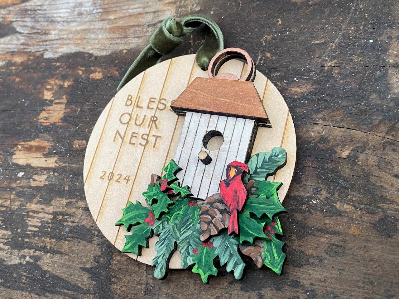 Birdhouse with Cardinal Hand Painted Wooden Christmas Ornament