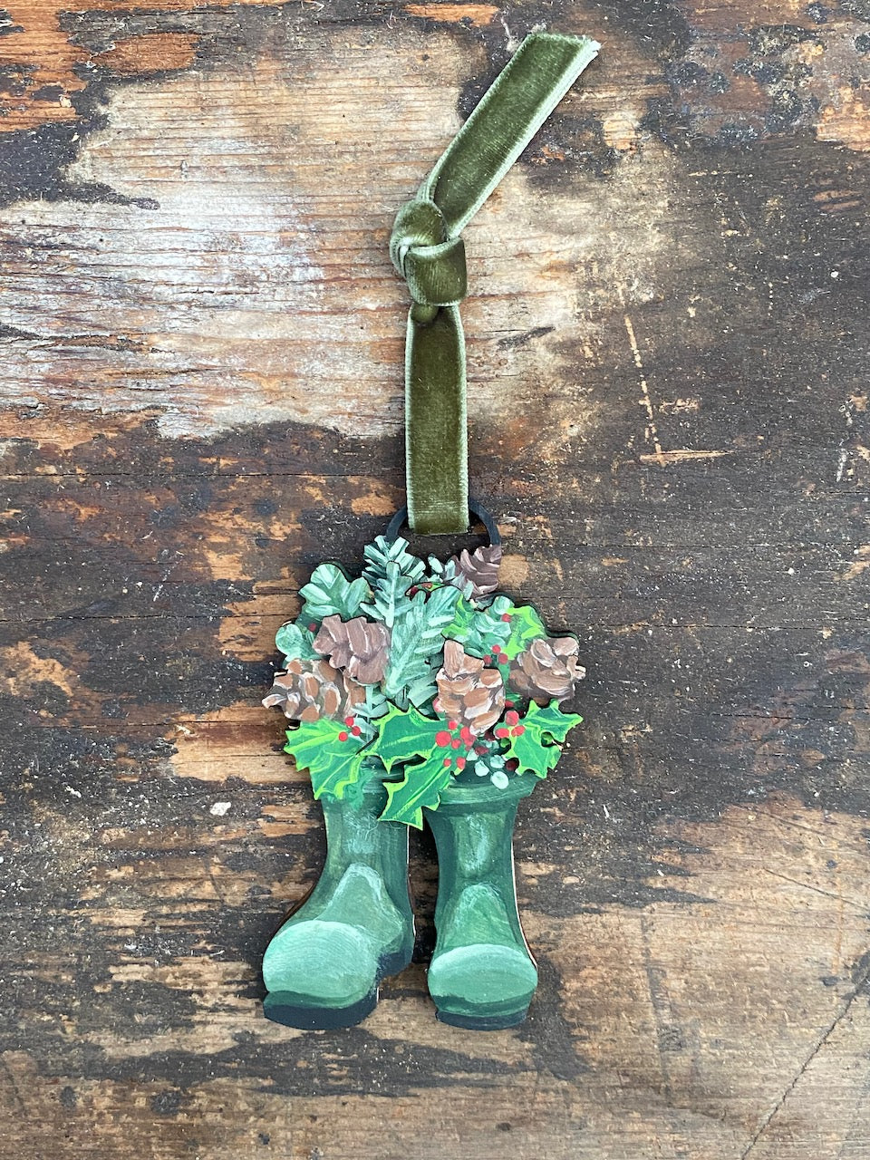 Garden Green Wellie Boots Hand Painted Wooden Christmas Ornament