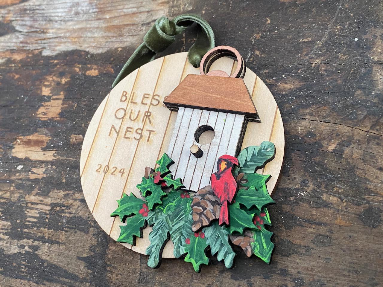 Birdhouse with Cardinal Hand Painted Wooden Christmas Ornament