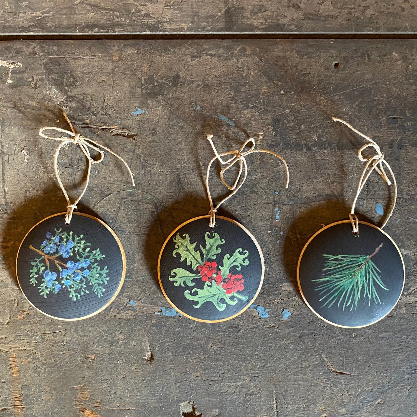 Botanical Christmas Ornaments with Holly, Pine or Juniper in Gift Box Set of 2