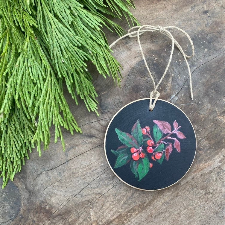 Botanical Art Ornaments with Holly, Pine, Juniper & Winter Berry