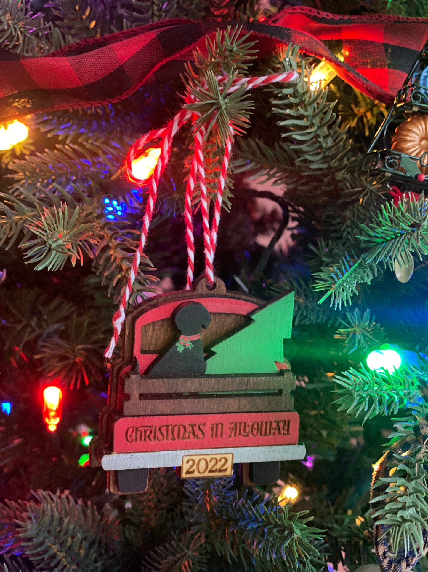 Little Red Truck with Dog & Tree Personalized Christmas Ornament