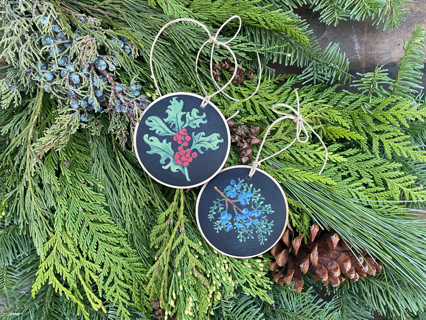 Botanical Christmas Ornaments with Holly, Pine or Juniper in Gift Box Set of 2