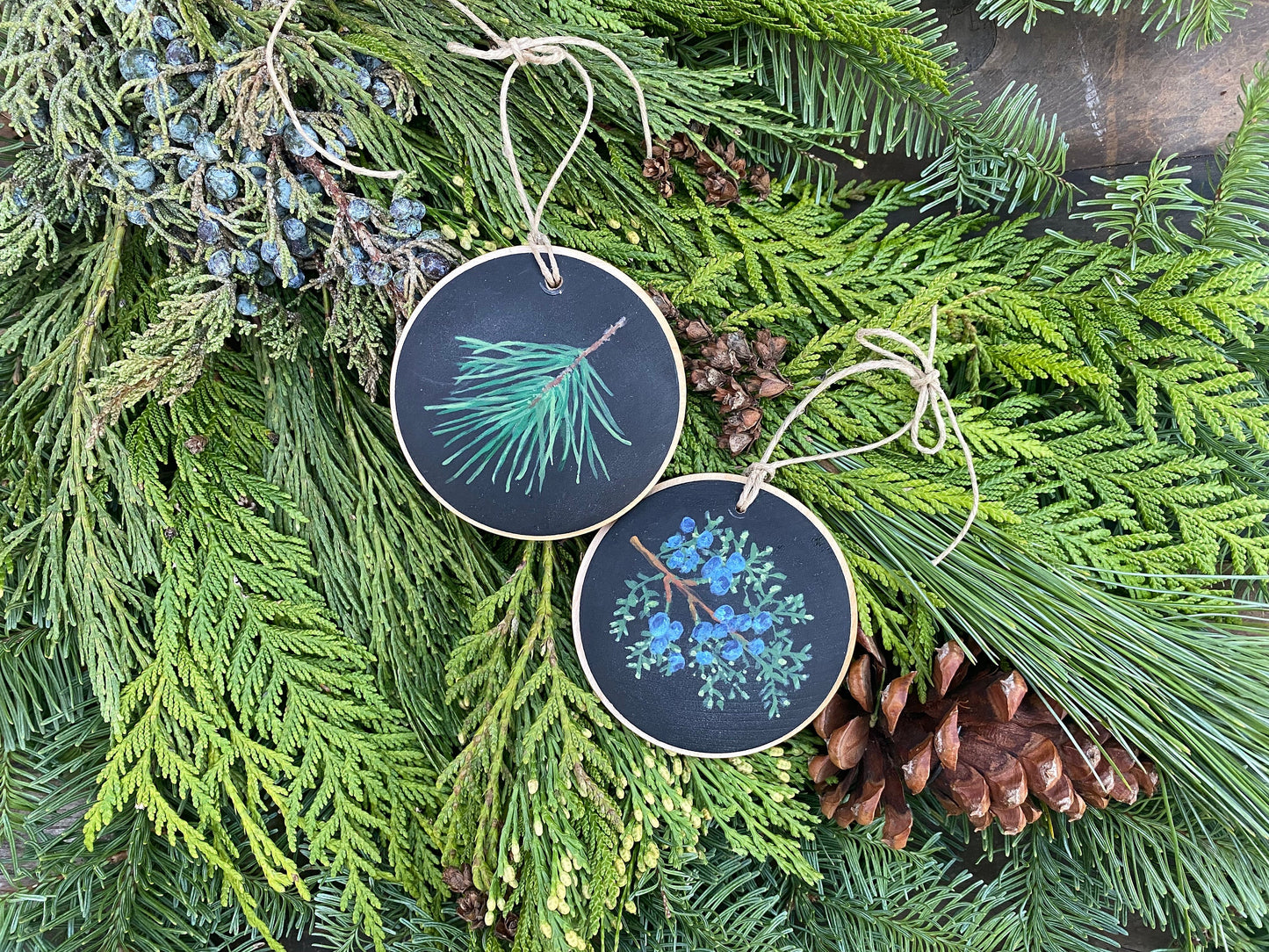 Botanical Christmas Ornaments with Holly, Pine or Juniper in Gift Box Set of 2