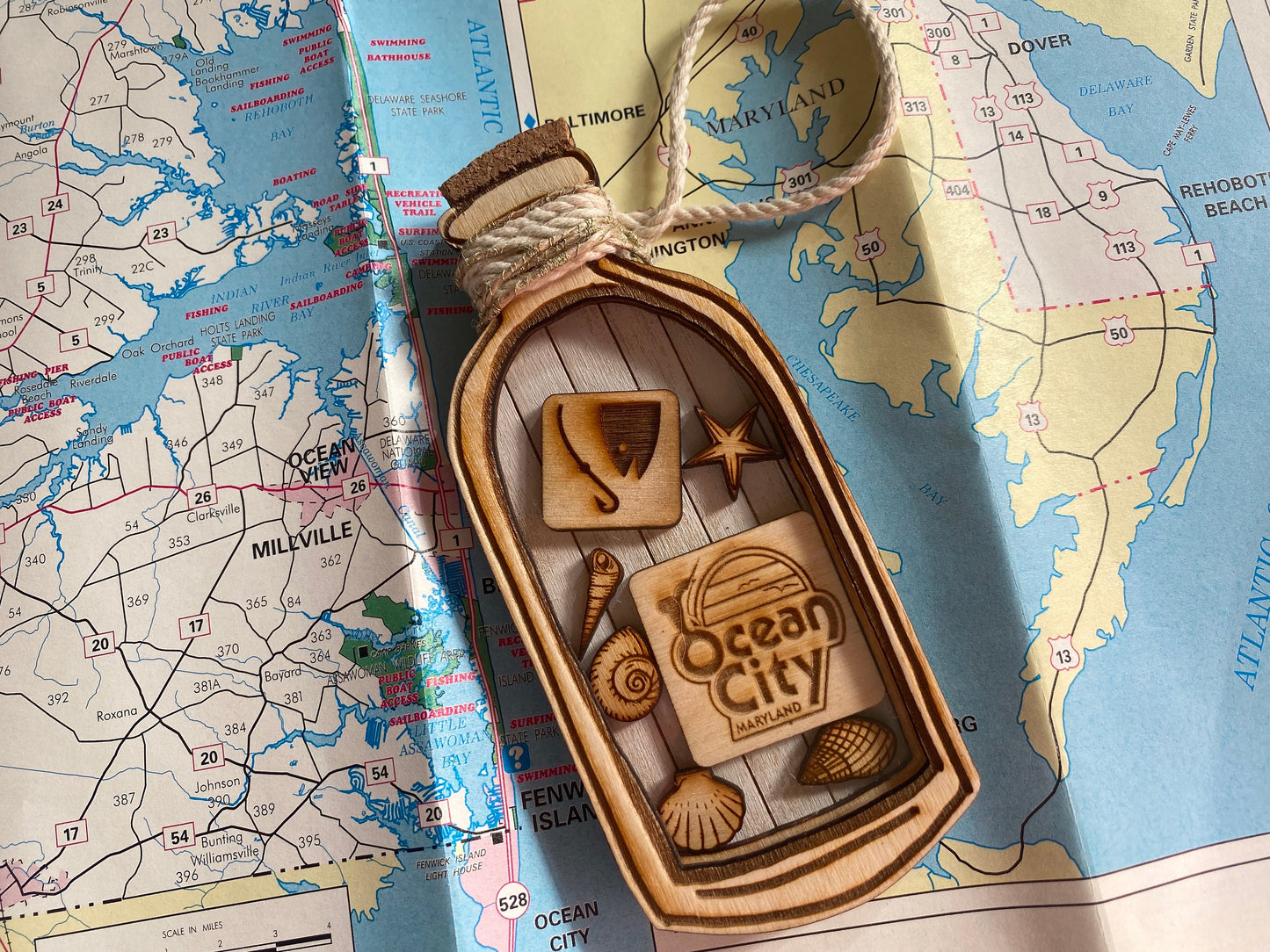 Ocean City Maryland Coastal Christmas Ornament Featuring a Message in a Bottle