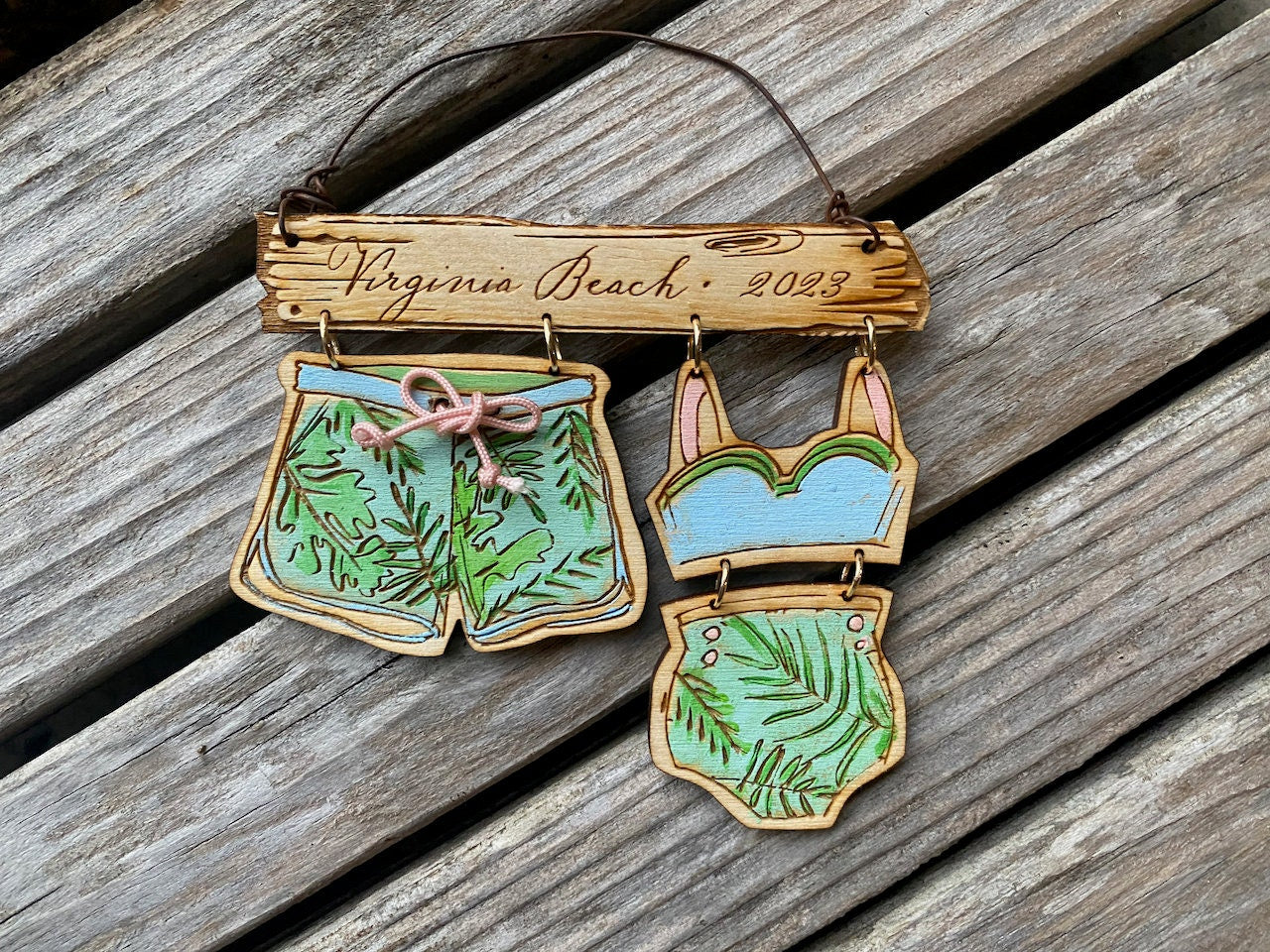 Swimming Ornament with Swimsuit, Beach Trunks or Bikini Personalized with Wooden Sign
