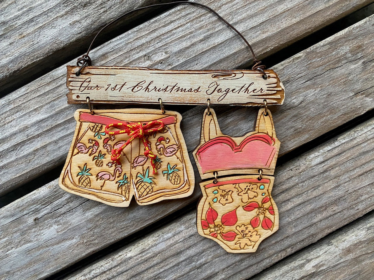 Swimming Ornament with Swimsuit, Beach Trunks or Bikini Personalized with Wooden Sign