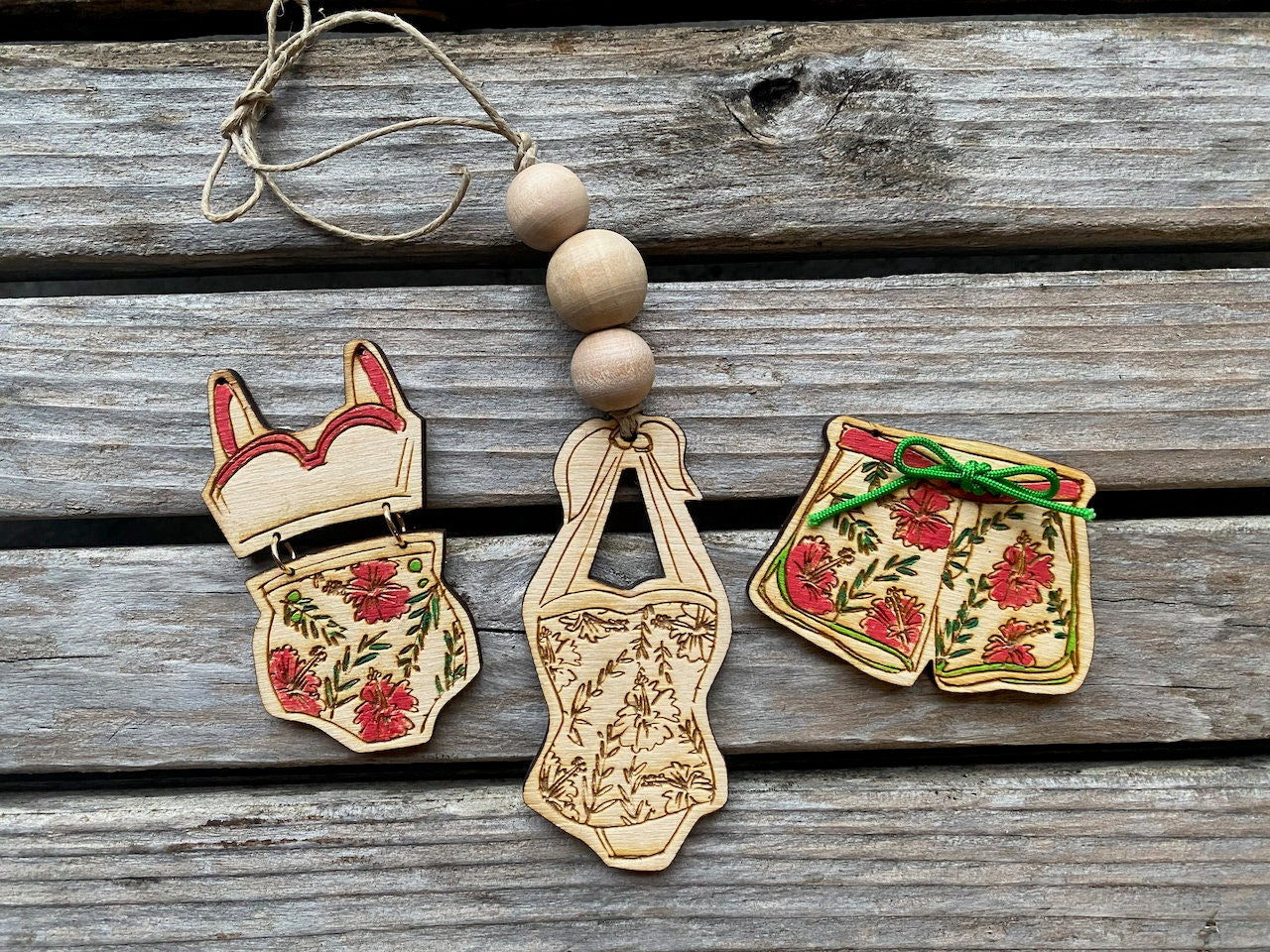 Swimming Ornament with Swimsuit, Beach Trunks or Bikini Personalized with Wooden Sign