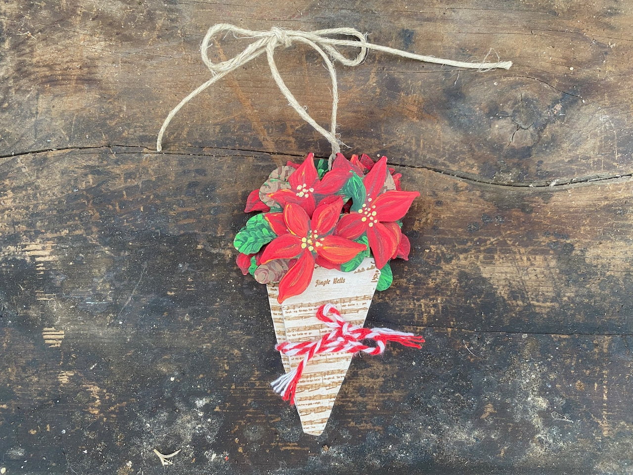 Christmas Poinsettia Wrapped in Jingle Bells Sheet Music Handmade & Painted Ornament
