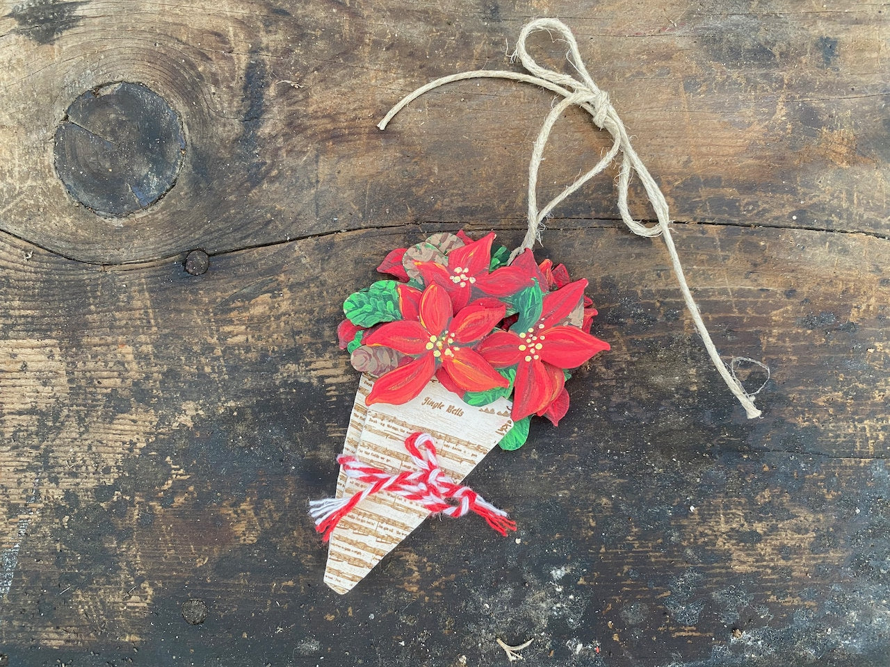 Christmas Poinsettia Wrapped in Jingle Bells Sheet Music Handmade & Painted Ornament