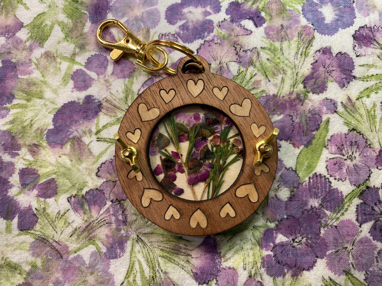Victorian Doily Heart Pocket-size Flower Press Keychain in Mahogany with Oak Inlay.