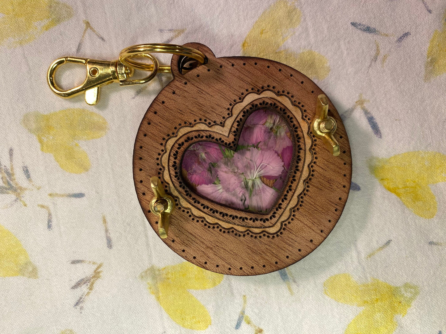 Victorian Doily Heart Pocket-size Flower Press Keychain in Mahogany with Oak Inlay.