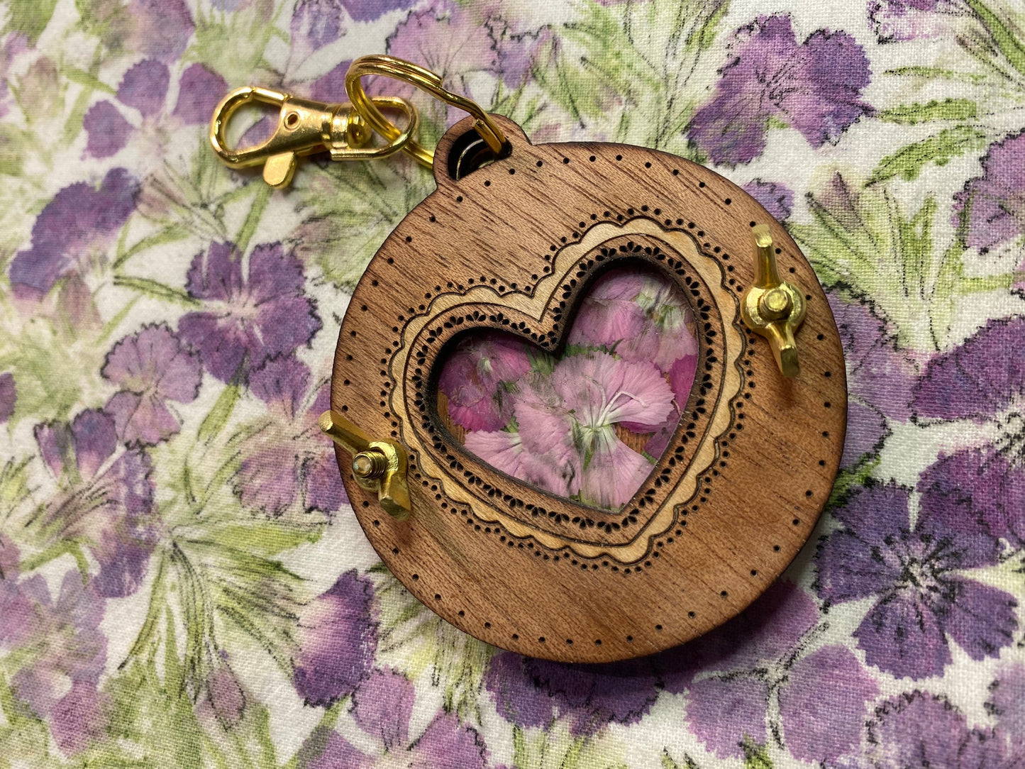 Victorian Doily Heart Pocket-size Flower Press Keychain in Mahogany with Oak Inlay.