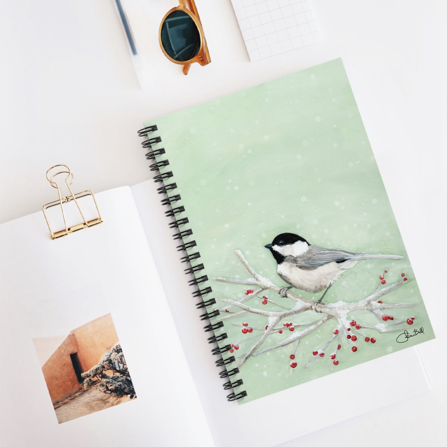 Personalized Chickadee in the Snow Spiral Notebook with Ruled Line Pages