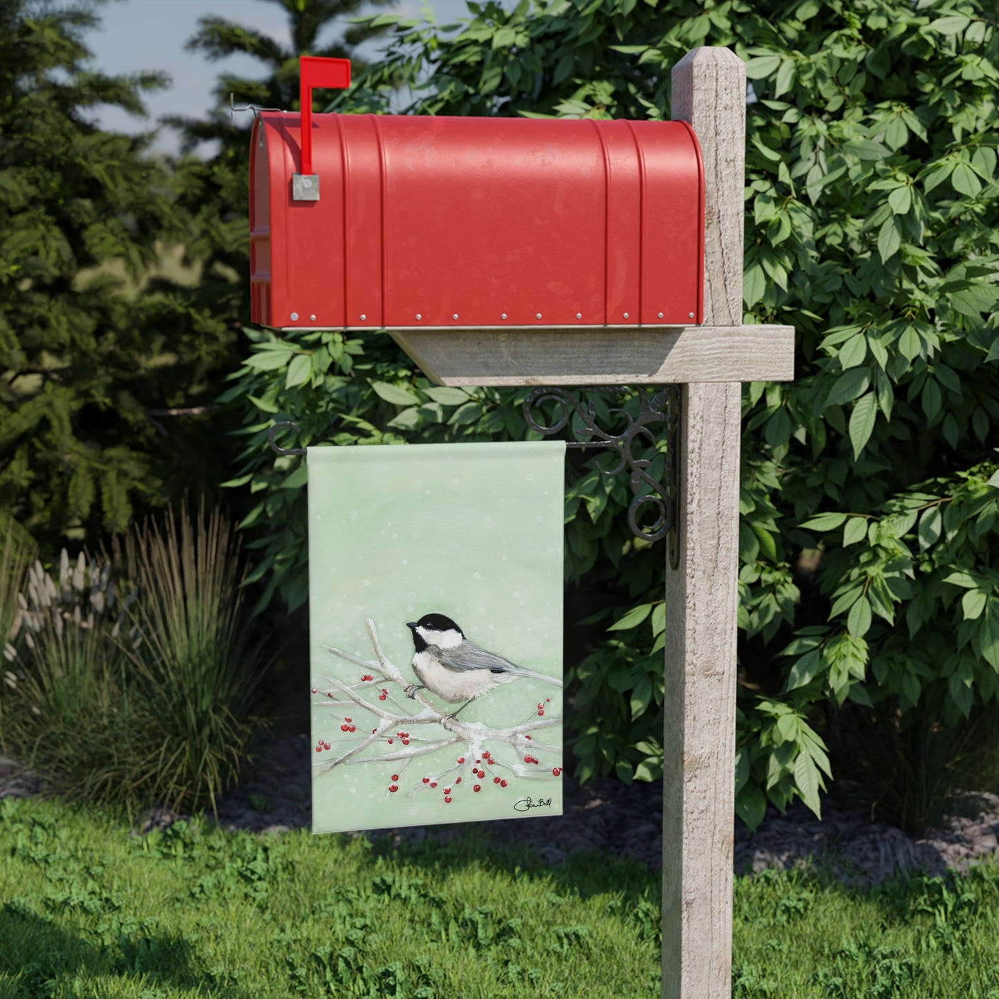 Christmas Chickadee Among Winter Berries Garden Flag