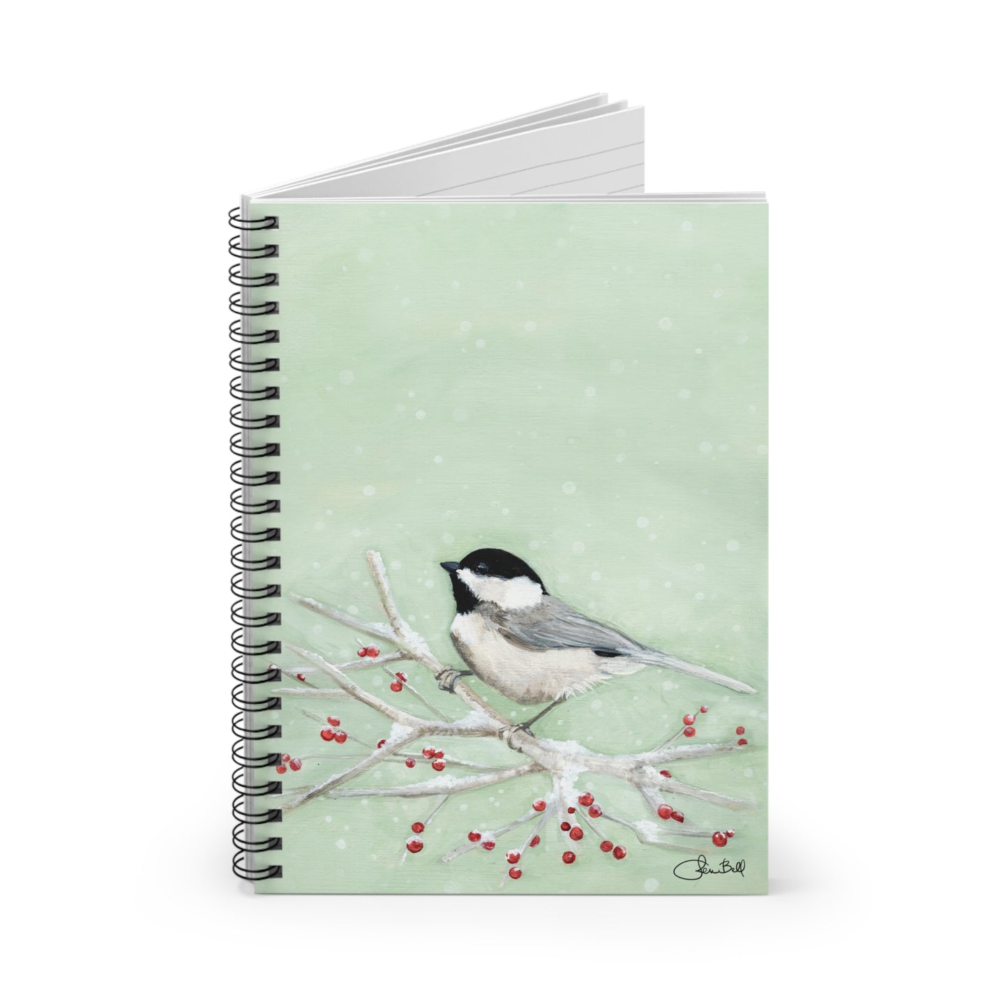 Personalized Chickadee in the Snow Spiral Notebook with Ruled Line Pages