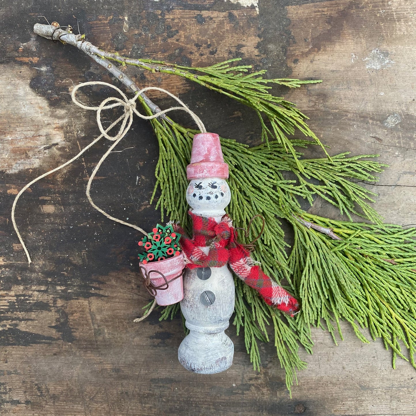 Bespoke Garden Snowmen Ornaments for Christmas Trees using Upcycled Architectural Salvage