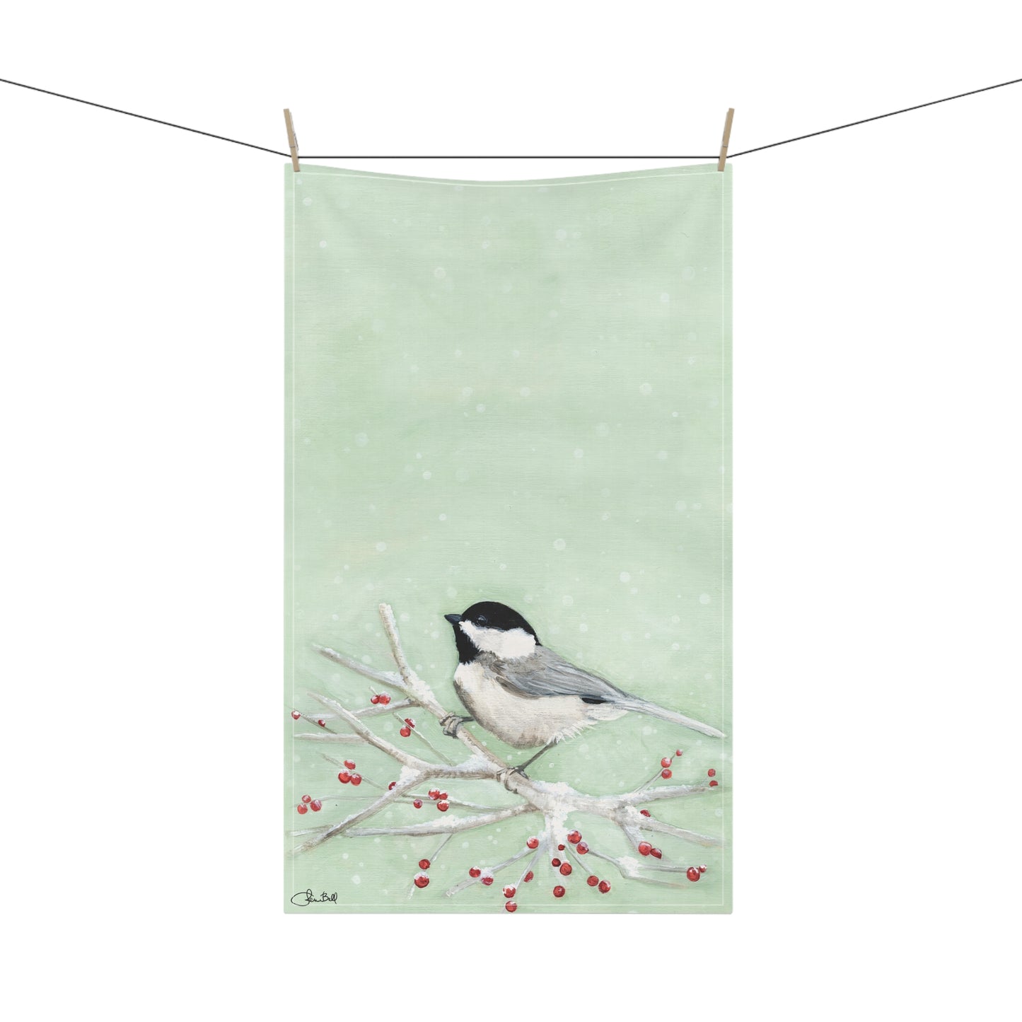 Whimsical Winter Berry Chickadees Linen Kitchen Towels