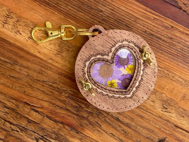 Victorian Doily Heart Pocket-size Flower Press Keychain in Mahogany with Oak Inlay.