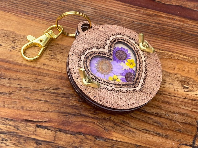 Victorian Doily Heart Pocket-size Flower Press Keychain in Mahogany with Oak Inlay.