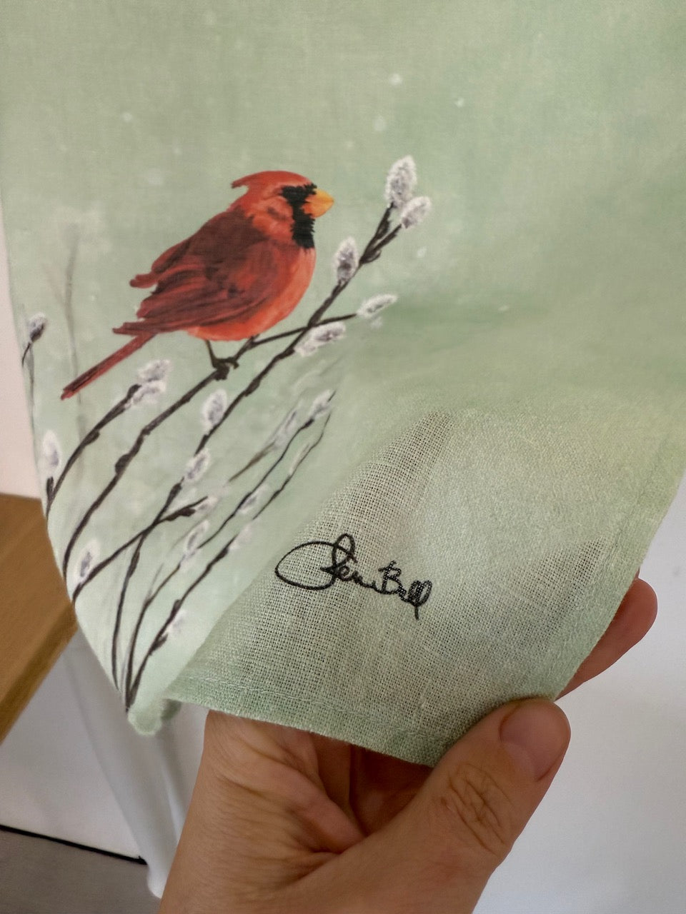 Whimsical Winter Berry Chickadees Linen Kitchen Towels