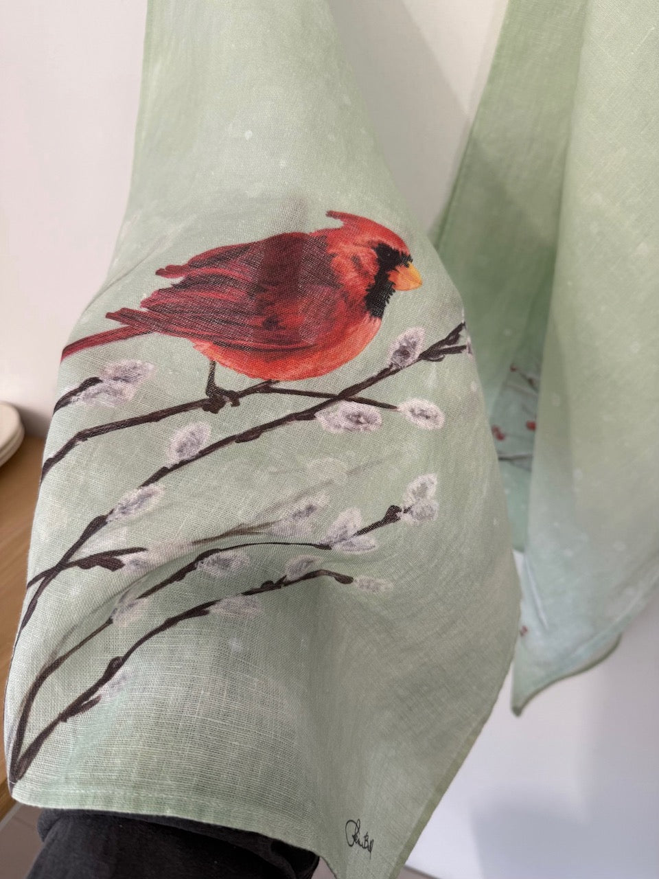 Whimsical Winter Berry Chickadees Linen Kitchen Towels