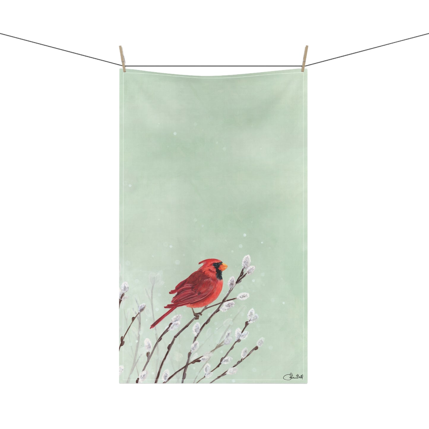 Whimsical Winter Berry Chickadees Linen Kitchen Towels