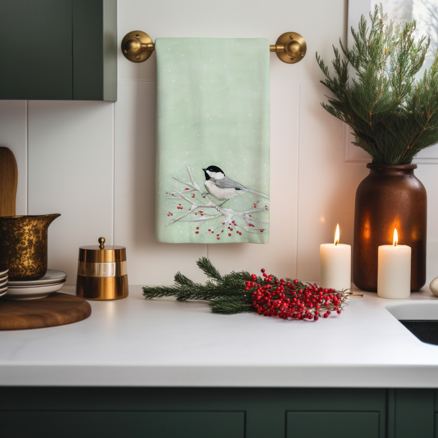 Whimsical Winter Berry Chickadees Linen Kitchen Towels