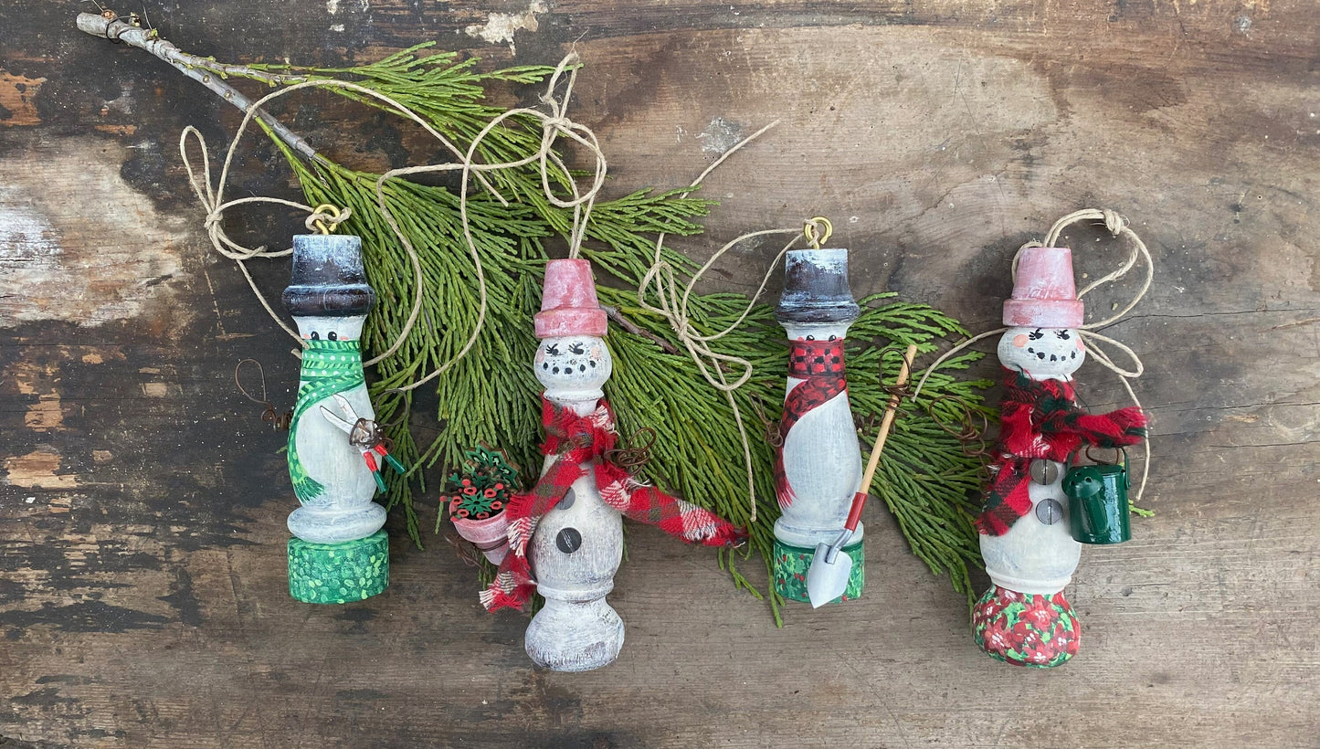 Bespoke Garden Snowmen Ornaments for Christmas Trees using Upcycled Architectural Salvage