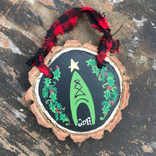 Kayak Christmas Ornament National Parks Camping Climbing Hiking Skiing Boating Canoe Chalkboard Rustic Wood Slice Personalized Trail Run