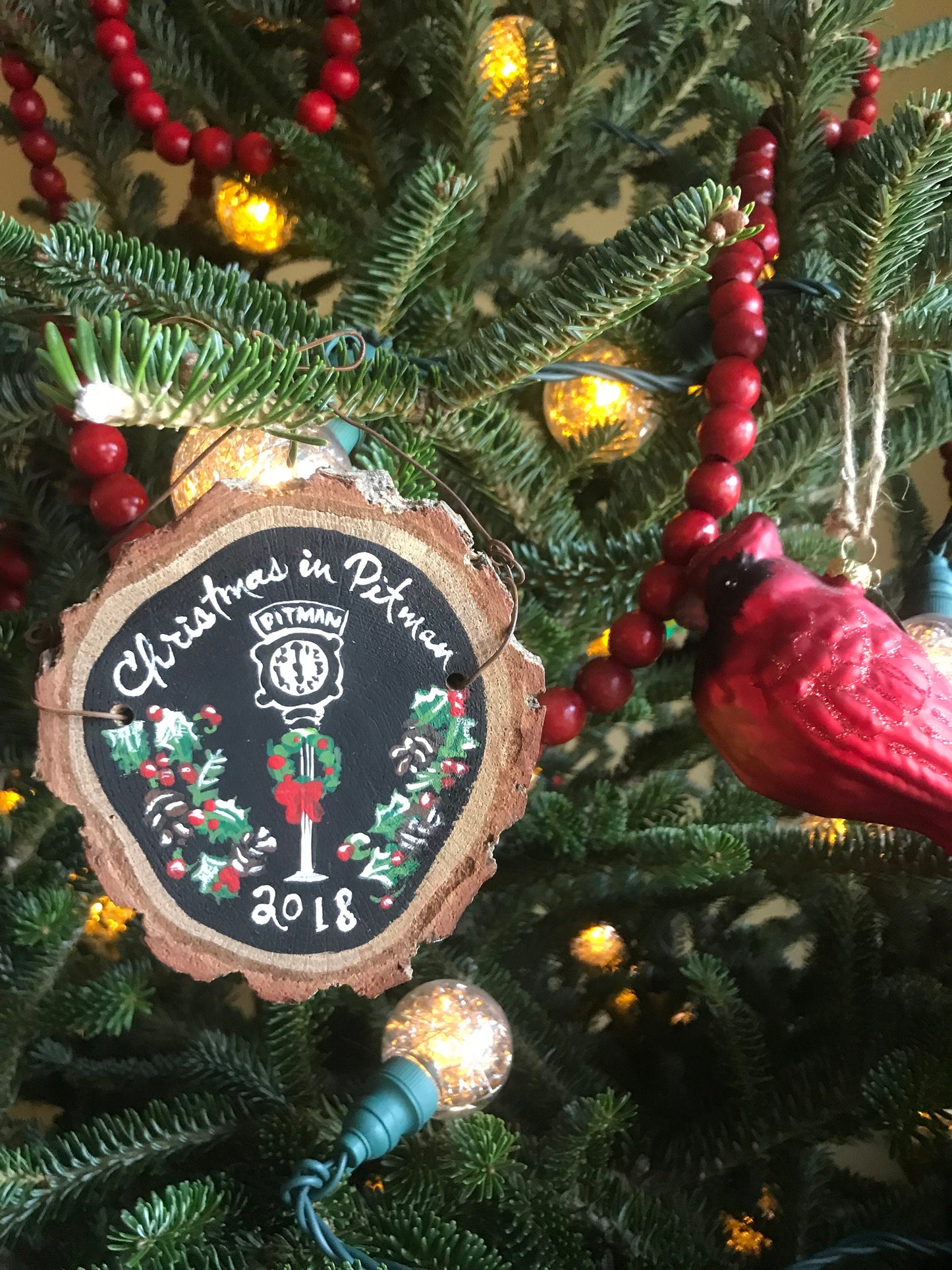 Your Town Christmas Ornament Personalized Featuring Your Town's Clock with Evergreen Wreath