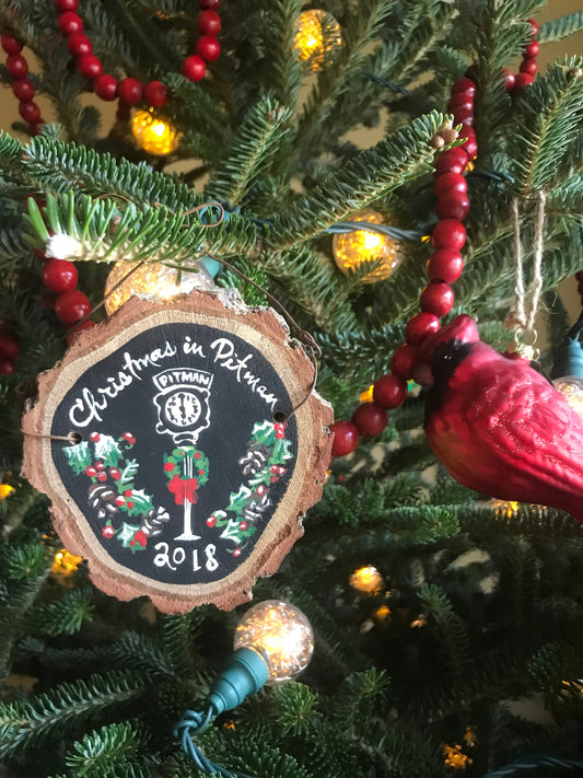 Your Town Christmas Ornament Personalized Featuring Your Town's Clock with Evergreen Wreath