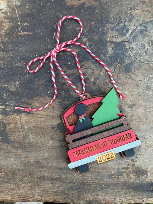 Little Red Truck with Dog & Tree Personalized Christmas Ornament