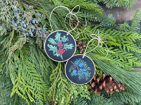 Botanical Christmas Ornaments with Holly, Pine or Juniper in Gift Box Set of 2