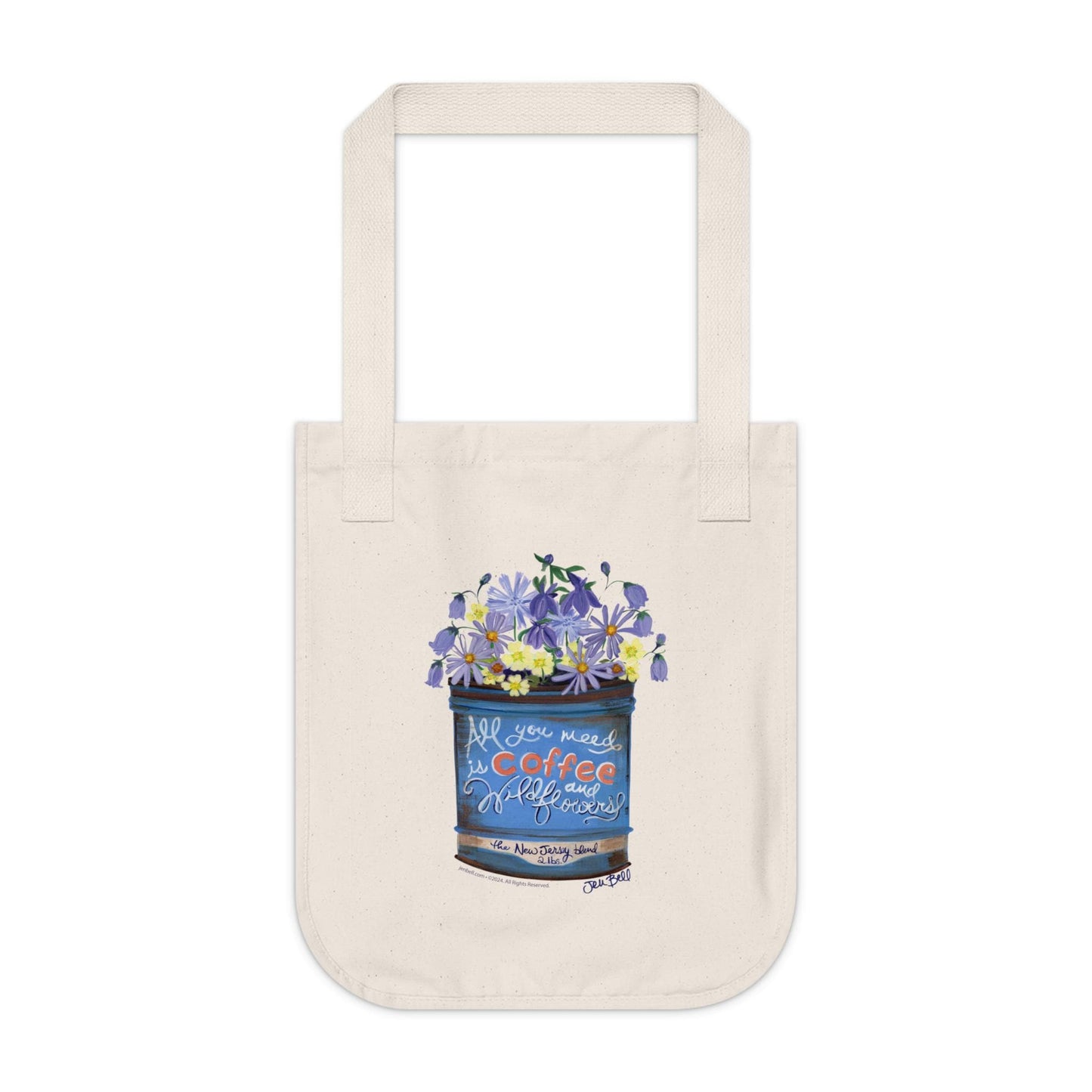 Wildflowers in a Vintage Tin Coffee Can Art by Jen Bell on Organic Canvas Tote Bag