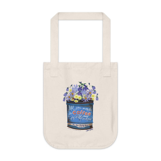 Wildflowers in a Vintage Tin Coffee Can Art by Jen Bell on Organic Canvas Tote Bag