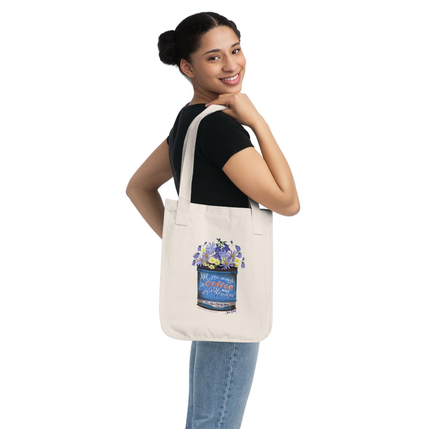 Wildflowers in a Vintage Tin Coffee Can Art by Jen Bell on Organic Canvas Tote Bag