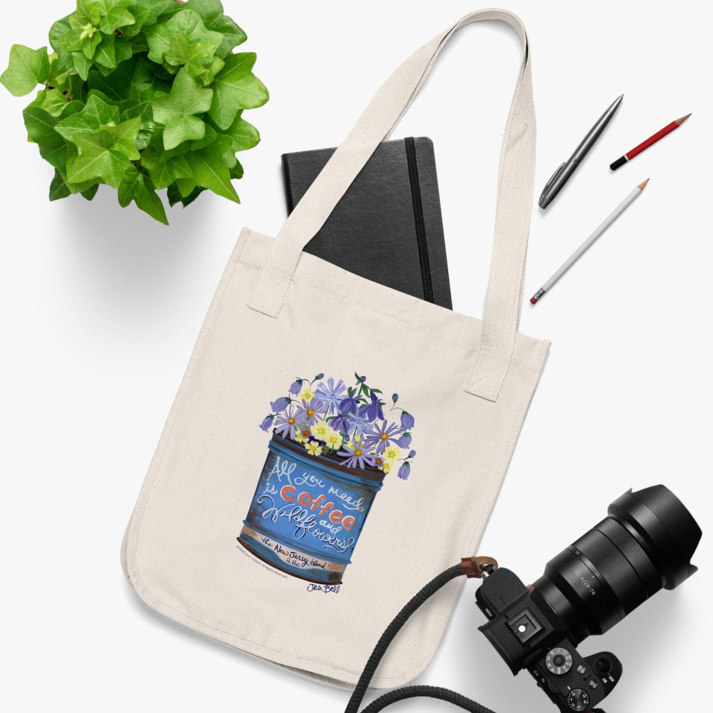 Wildflowers in a Vintage Tin Coffee Can Art by Jen Bell on Organic Canvas Tote Bag