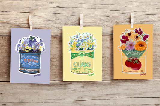 NJ Greeting Card Gift Set Featuring Wildflowers and Vintage Tin Canned Goods Illustrations